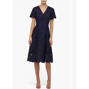 Kay Unger Luna Midnight Blue Embroidered Midi Dress Size 8